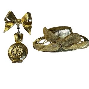 Vintage Gold Tone Brooches - Set of 2 - Hat and Ornament